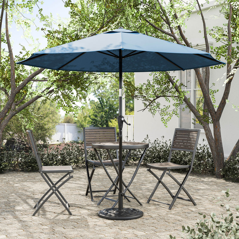 Front facing contemporary blue outdoor auto tilt umbrella with a carrying case on a patio with accessories