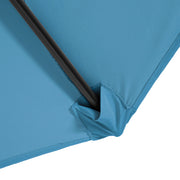 Close up of the support spoke and canopy of a contemporary blue outdoor auto tilt umbrella with a carrying case on white background