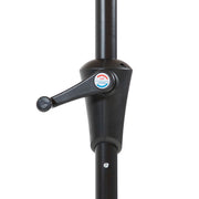 Close up of the crank mechanism of a contemporary blue outdoor auto tilt umbrella with a carrying case on white background