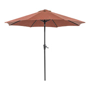 Front facing contemporary red outdoor auto tilt umbrella with a carrying case on a white background