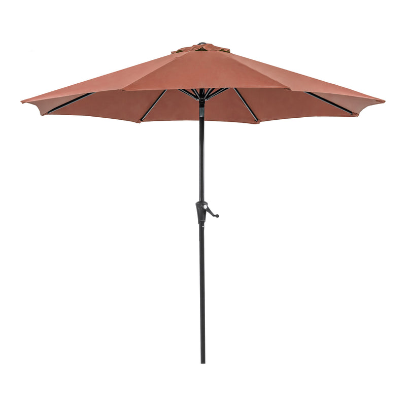 Front facing contemporary red outdoor auto tilt umbrella with a carrying case on a white background