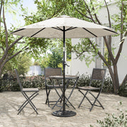 Front facing contemporary beige outdoor auto tilt umbrella with a carrying case on a patio with accessories