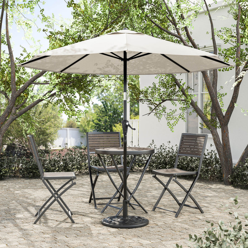 Front facing contemporary beige outdoor auto tilt umbrella with a carrying case on a patio with accessories