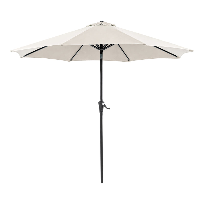 Front facing contemporary beige outdoor auto tilt umbrella with a carrying case on a white background