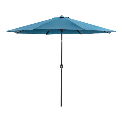 Front facing contemporary blue outdoor auto tilt umbrella on a white background