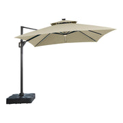 Front facing contemporary beige double-top square cantilever umbrella with umbrella on a white background