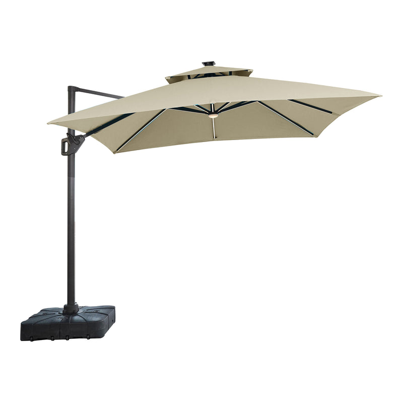 Front facing contemporary beige double-top square cantilever umbrella with umbrella on a white background