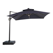 Front facing contemporary blue double-top square cantilever umbrella with umbrella on a white background