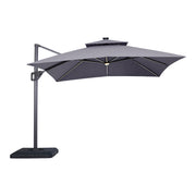 Front facing contemporary grey double-top square cantilever umbrella with umbrella on a white background