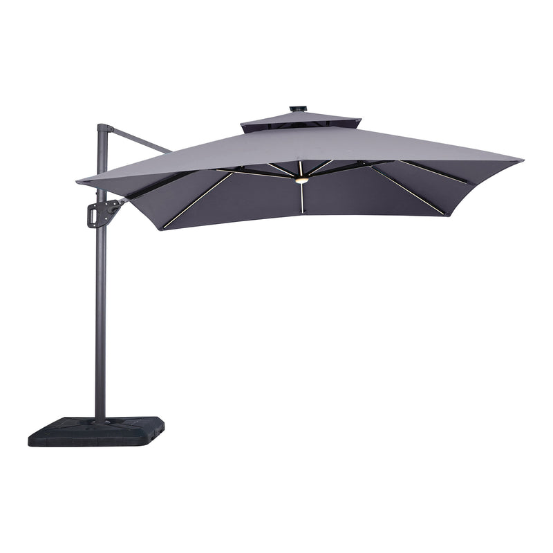 Front facing contemporary grey double-top square cantilever umbrella with umbrella on a white background