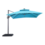 Front facing contemporary teal blue double-top square cantilever umbrella with umbrella on a white background