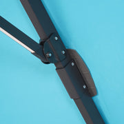 Close up of the support structure of a contemporary teal blue double-top square cantilever umbrella with umbrella