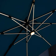 Close up of the lighted support structure of a contemporary teal blue double-top square cantilever umbrella with umbrella