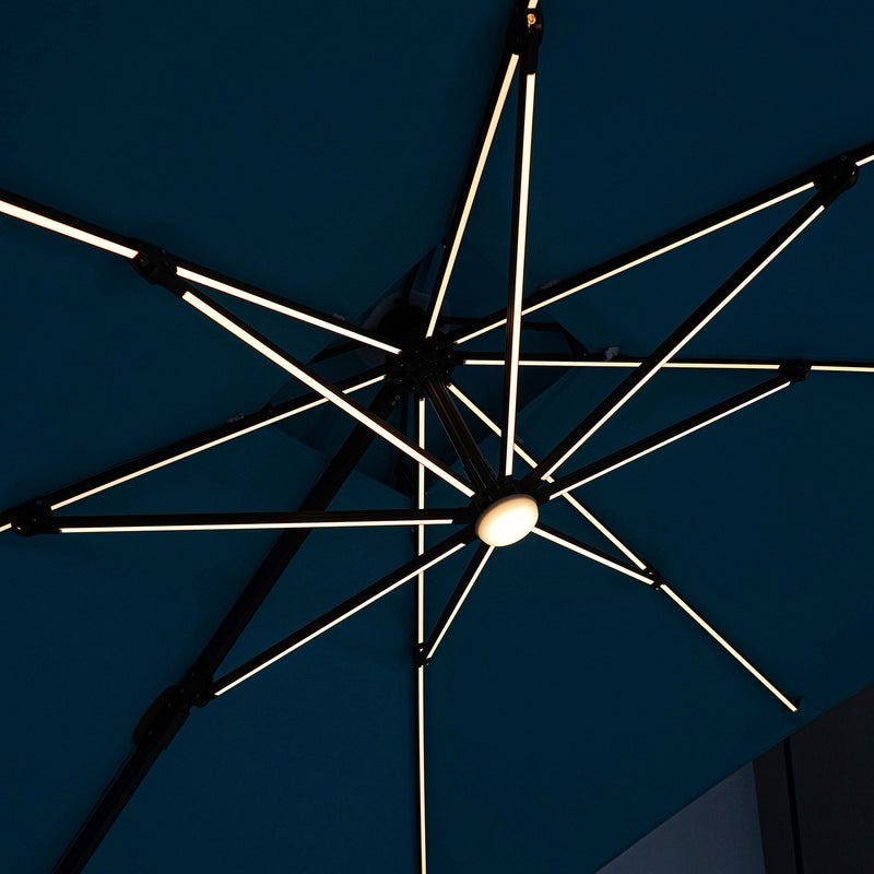 Close up of the lighted support structure of a contemporary teal blue double-top square cantilever umbrella with umbrella
