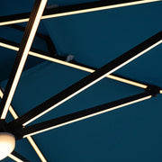 Close up of the lighted support structure of a contemporary teal blue double-top square cantilever umbrella with umbrella