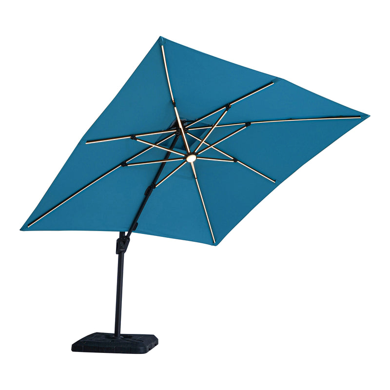 Right facing contemporary teal blue double-top square cantilever umbrella with umbrella on a white background