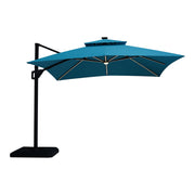 Right facing contemporary teal blue double-top square cantilever umbrella with umbrella on a white background
