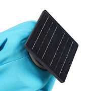 Close up of the solar panel of a contemporary teal blue double-top square cantilever umbrella with umbrella on a white background