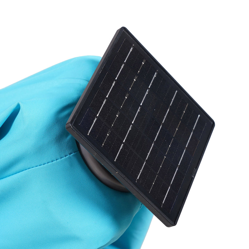 Close up of the solar panel of a contemporary teal blue double-top square cantilever umbrella with umbrella on a white background