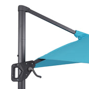 Close up of the cantilever design of a contemporary teal blue double-top square cantilever umbrella with umbrella on a white background