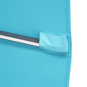 Close up of the spoke and canopy of a contemporary teal blue double-top square cantilever umbrella with umbrella on a white background