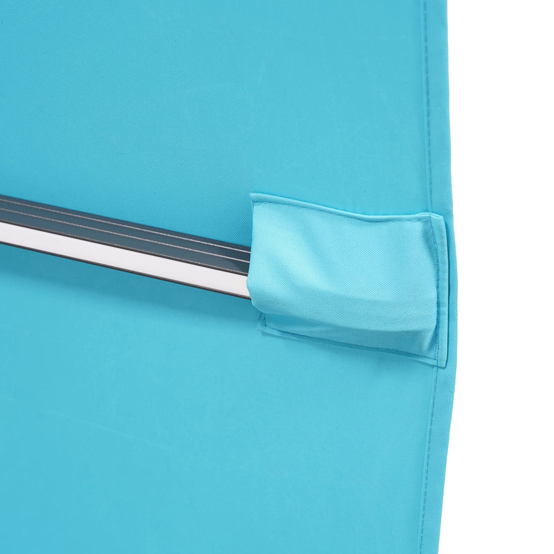 Close up of the spoke and canopy of a contemporary teal blue double-top square cantilever umbrella with umbrella on a white background