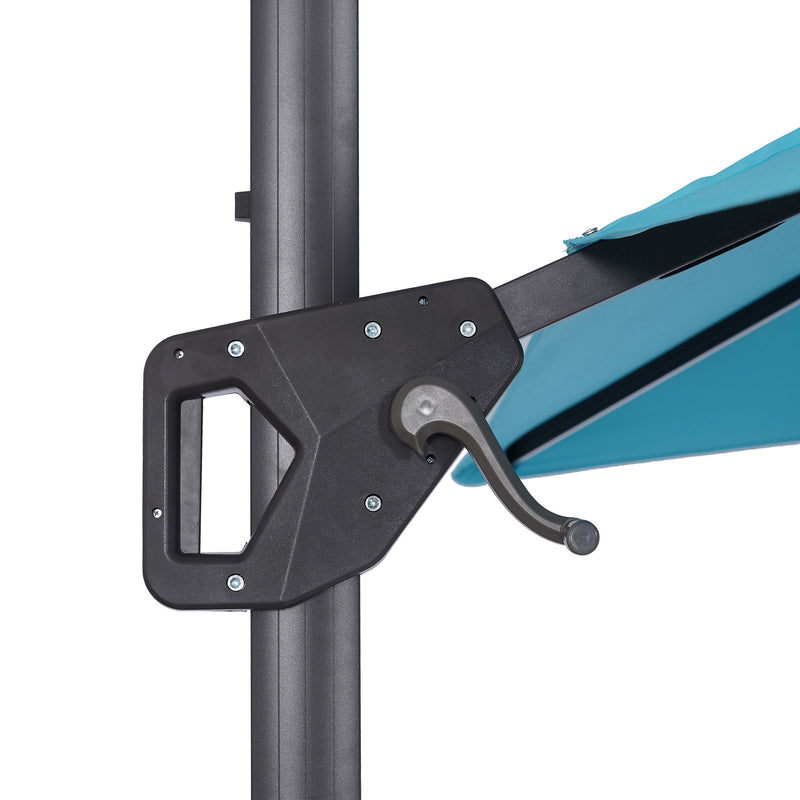 Close up of the mechanism of a contemporary teal blue double-top square cantilever umbrella with umbrella on a white background