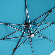 Close up of the roof support structure of a contemporary teal blue double-top square cantilever umbrella with umbrella on a white background