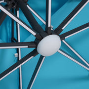 Close up of the roof support structure and LED lights of a contemporary teal blue double-top square cantilever umbrella with umbrella on a white background