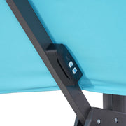 Close up of the light control panel of a contemporary teal blue double-top square cantilever umbrella with umbrella on a white background