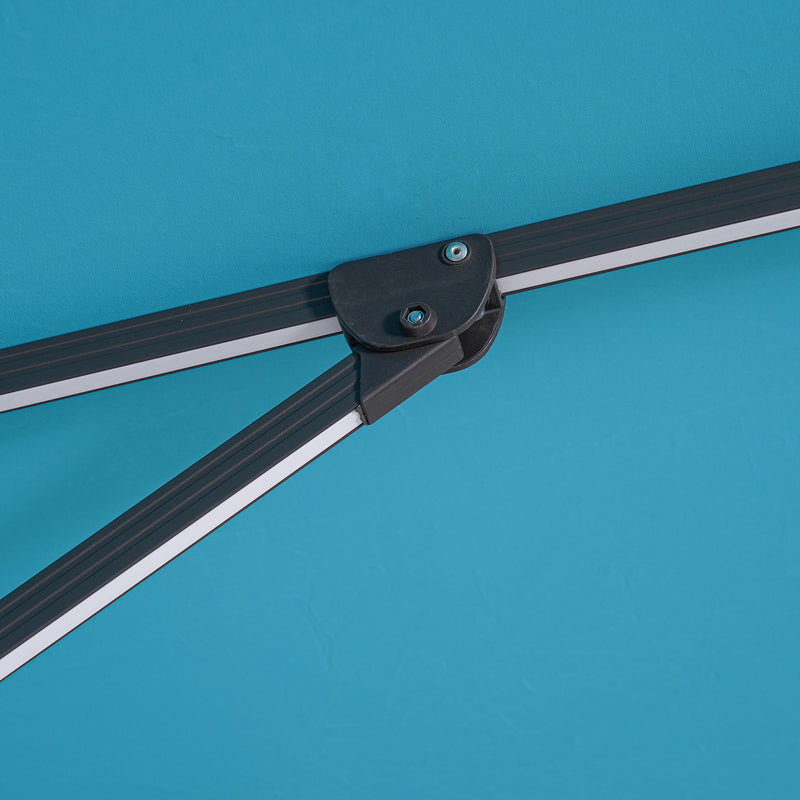 Close up of the support structure of a contemporary teal blue double-top square cantilever umbrella with umbrella