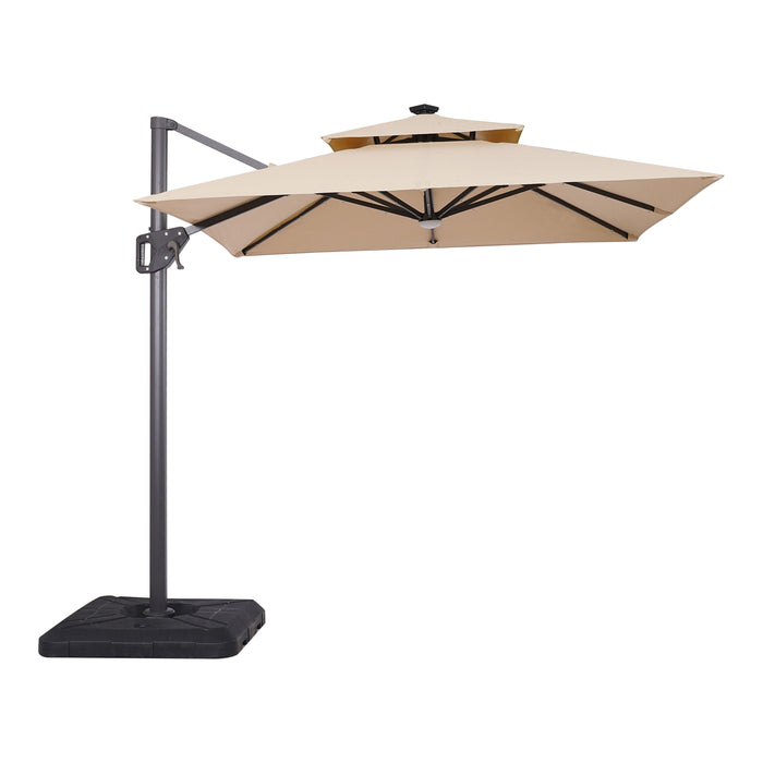 Front facing contemporary beige double-top square cantilever umbrella with base and LED lights on a white background