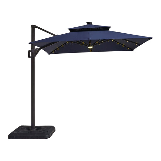 Front facing contemporary blue double-top square cantilever umbrella with LED lights on a white background