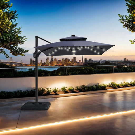 Front facing contemporary grey double-top square cantilever umbrella with base and LED lights on a patio