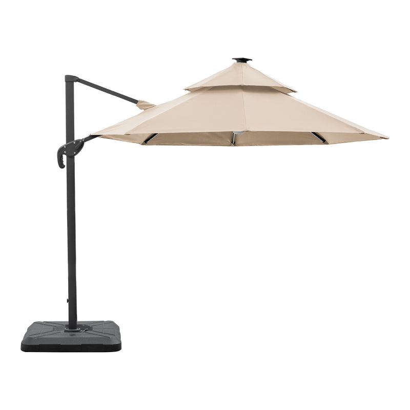 Front facing side view of a contemporary cantilever umbrella in tan fabric with solar LED lighting and carrying case on a white background