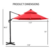 Informational image showing the product dimensions of a contemporary cantilever umbrella in tan fabric with solar LED lighting and carrying case