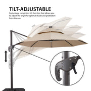 Informational image showing the tilt adjustability of a contemporary cantilever umbrella in tan fabric with solar LED lighting and carrying case