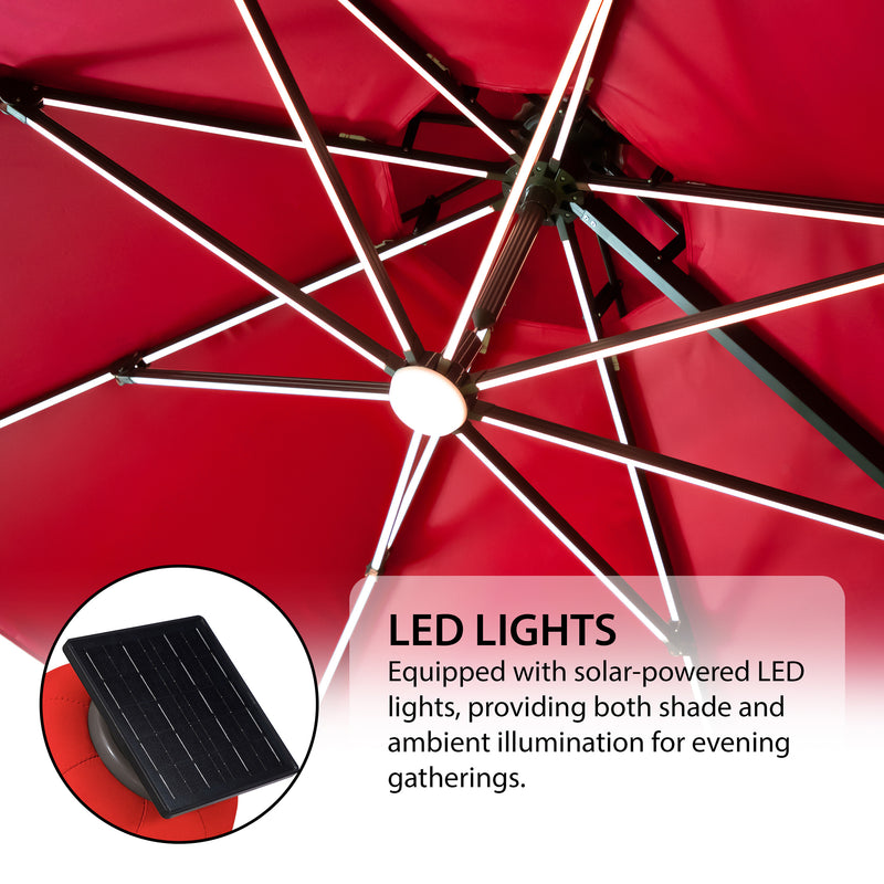 Informational image showing the LED lights of a contemporary cantilever umbrella in tan fabric with solar LED lighting and carrying case