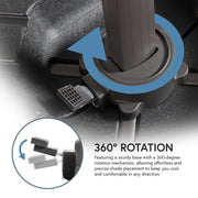 Informational image showing the 360 degree rotation of a contemporary cantilever umbrella in tan fabric with solar LED lighting and carrying case