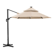Right facing contemporary umbrella in tan fabric with solar LED lighting (base not included) on a white background