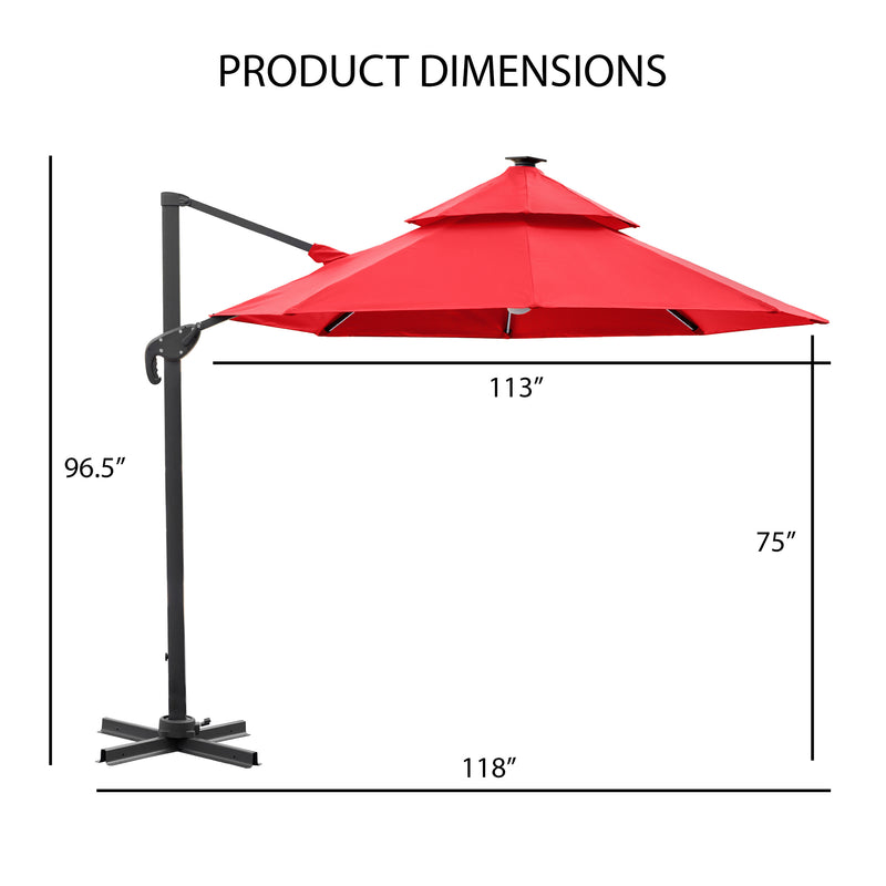 Informational image showing the product dimensions of a contemporary umbrella in tan fabric with solar LED lighting (base not included)