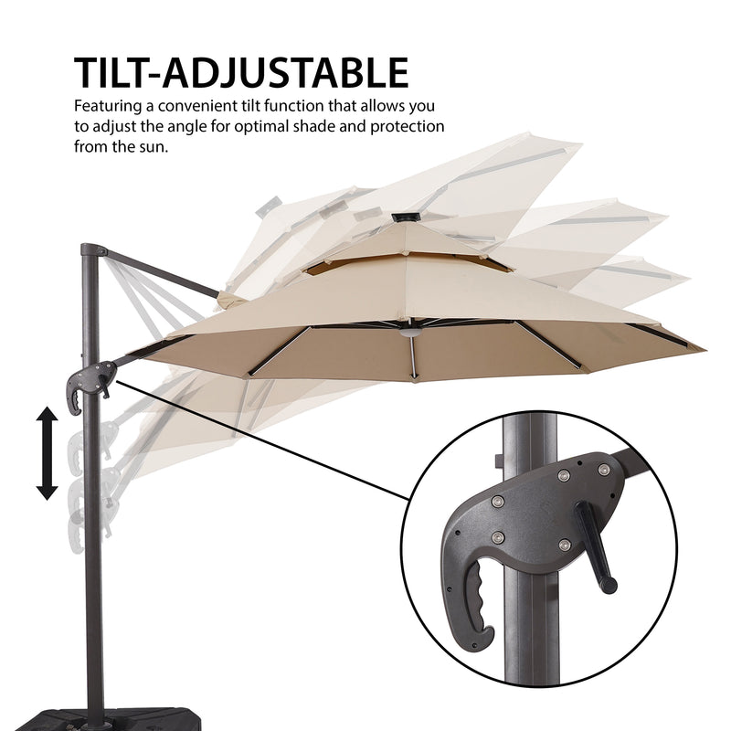 Informational image showing the tilt adjustability of a contemporary umbrella in tan fabric with solar LED lighting (base not included)