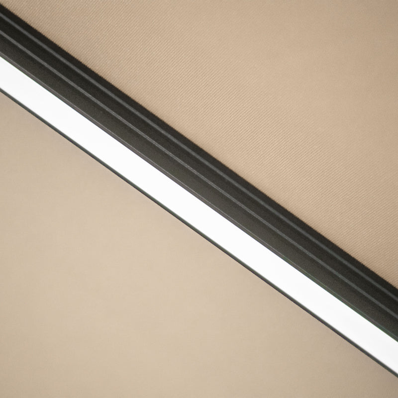 Close up of the LED lighting on a contemporary umbrella in tan fabric with solar LED lighting (base not included)