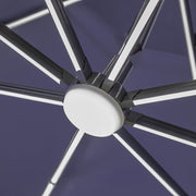 Close up of the LED lighting on a contemporary cantilever umbrella in navy blue fabric with solar LED lighting and carrying case