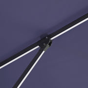 Close up of the support structure on a contemporary cantilever umbrella in navy blue fabric with solar LED lighting and carrying case