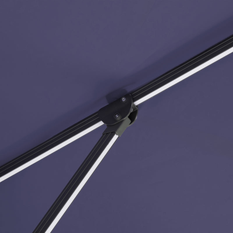 Close up of the support structure on a contemporary cantilever umbrella in navy blue fabric with solar LED lighting and carrying case
