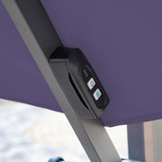 Close up of the control panel on a contemporary cantilever umbrella in navy blue fabric with solar LED lighting and carrying case