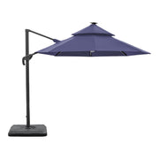 Front facing side view of a contemporary cantilever umbrella in navy blue fabric with solar LED lighting and carrying case on a white background