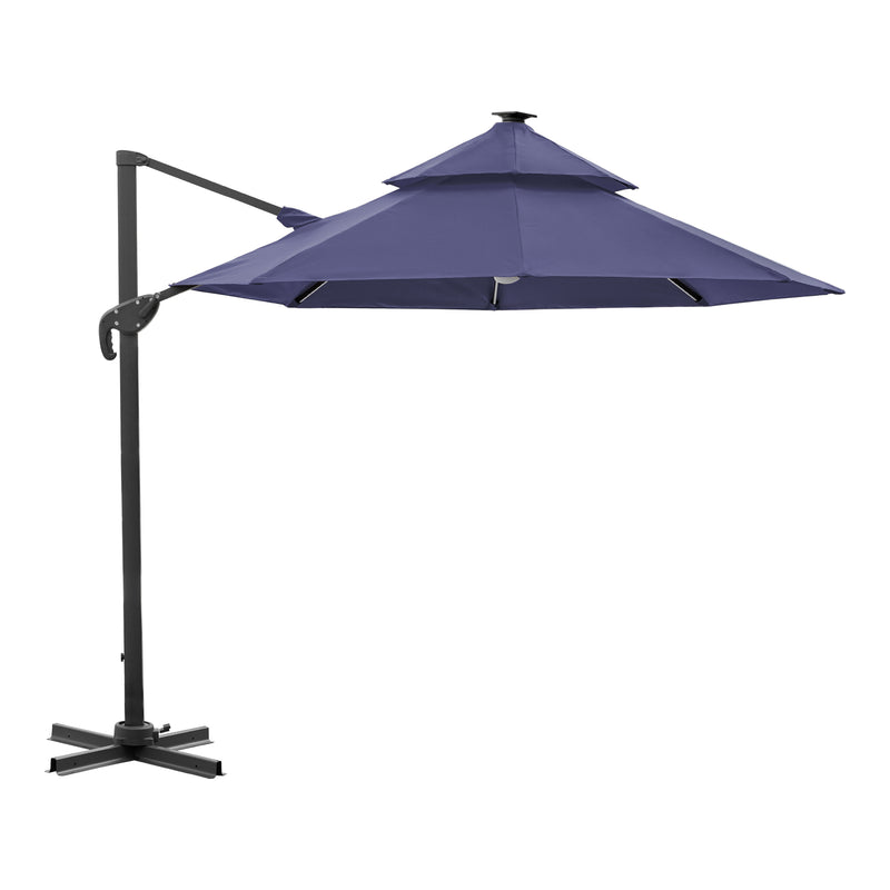 Right facing contemporary umbrella in navy blue fabric with solar LED lighting (base not included) on a white background