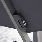 Close up of the control panel on a contemporary cantilever umbrella in grey fabric with solar LED lighting and carrying case